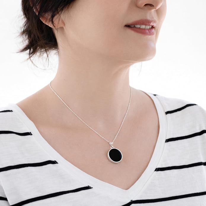 Sterling Silver 925 Black Onyx Flat Round Handmade Pendant Necklace for Women & Men - Unisex