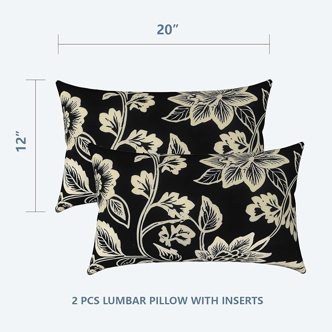 LVTLVTXIII 12×20 Inch Outdoor Lumbar Pillows, Pack of 2 Water Repellent Lumbar Pillow with Inserts, Fluffy Decorative Garden Lumbar Cushions for Home Patio Coach Sofa Use, Elegant Vines Black