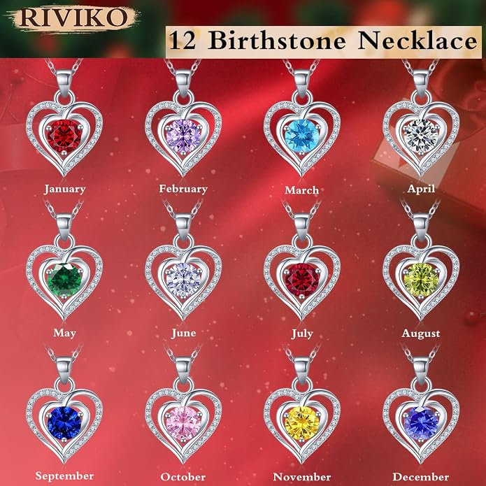 RIVIKO Heart Birthstone Pendant Necklace for Women 925 Sterling Silver Zirconia Necklaces Valentine's Day Anniversary Birthday Mothers Day Jewelry Gifts For Her Mother Wife