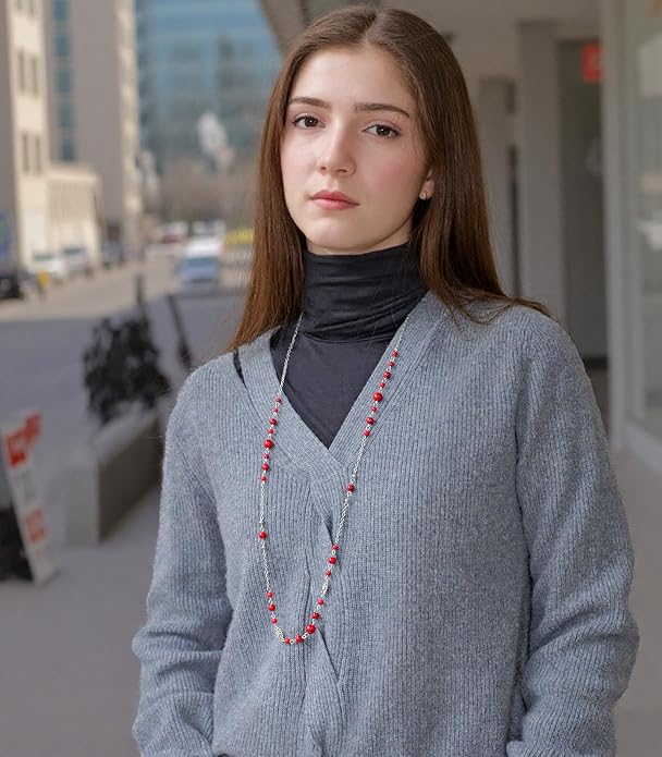 Long Beaded Silver Necklaces for Women Layered Long Statement Necklace with Stone Pearl Beads Double Sweater Chain Costume Jewelry for Women