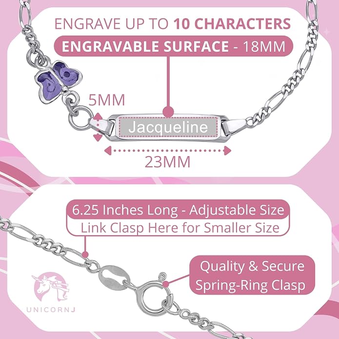 UNICORNJ 925 Italy Sterling Silver Child or Baby Name Bracelet Girls Boys, Personalized Engraved Kids ID Bracelets, 6.5" Figaro Chain, Enamel Charm Newborn Infant Toddler Kid Jewelry