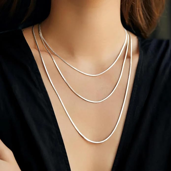 WomenGifts 14K Gold Silver Plated Herringbone Necklace for Women, Dainty Snake Chain Choker, Trendy Simple Long Layered Jewelry Non Tarnish, 3/4/5/8mm,14,16,18,20,22,24,26 Inch Thin & Chunky Options