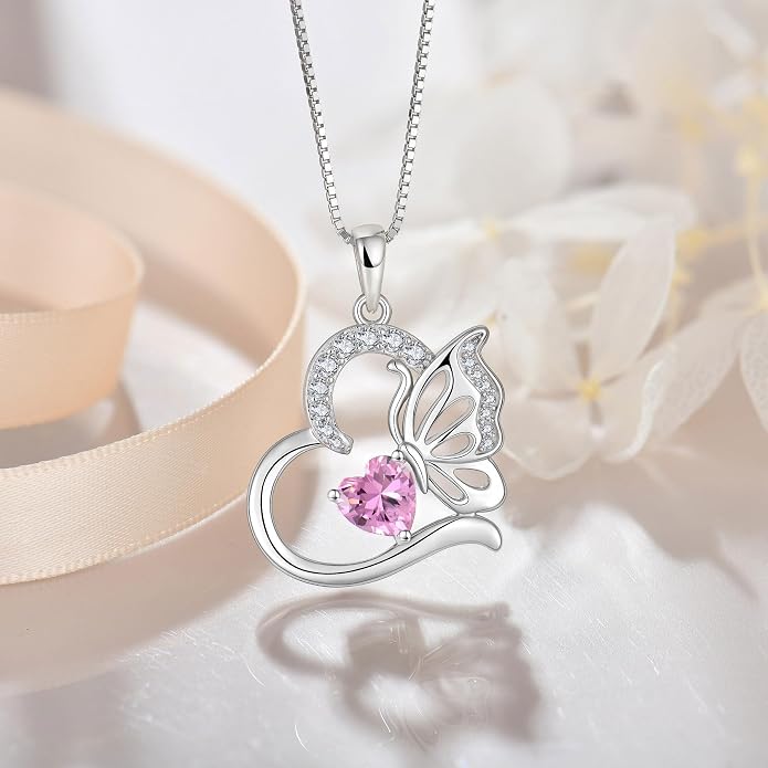 Butterfly Necklace for Women 925 Sterling Silver Heart Pendant Birthstones Jewelry Gift