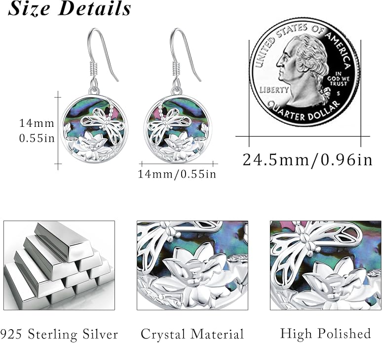 CUOKA MIRACLE Dragonfly Lotus Earring for Women 925 Sterling Silver Abalone Shell Dangling Earrings Dragonfly Earring Lotus Earrings for Women Mom on Birthday Mother's Day Anniversary Christmas