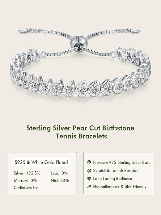 Birthstone Tennis Bracelet for Women 925 Sterling Silver Pear Shaped Gemstone Inlaid White Gold Plated Adjustable Chain Gifts for Mom Wife