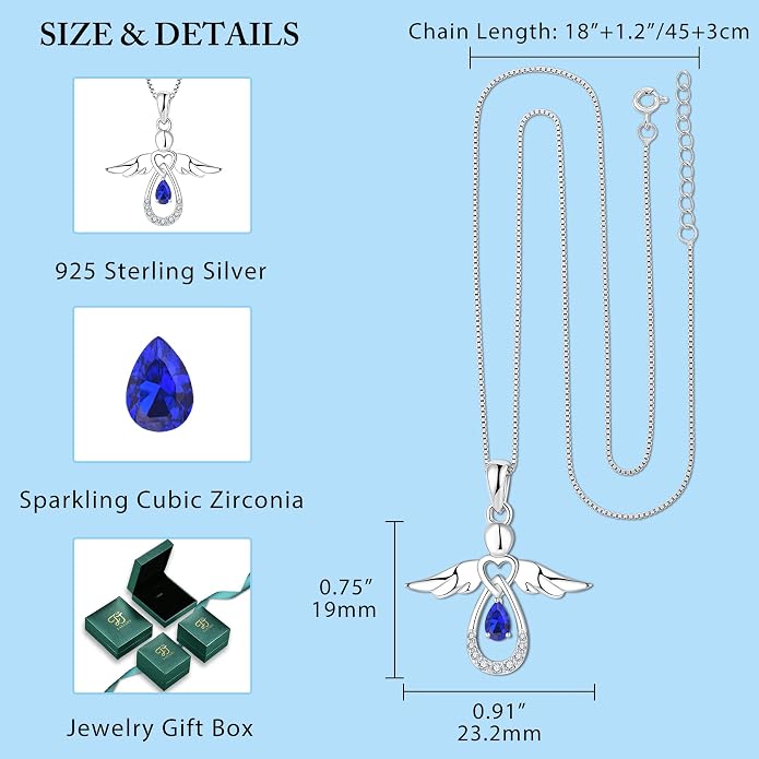 FJ Guardian Angel Necklace 925 Sterling Silver Birthstone Pendant Angel Jewelry Gifts for Women