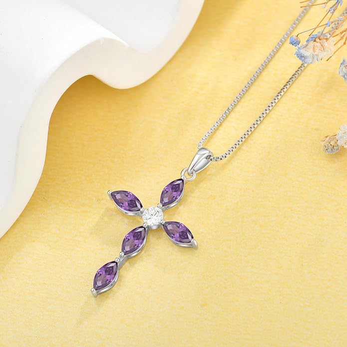 JO WISDOM Cross Necklace for Women,925 Sterling Silver Birthstone Necklaces Cubic Zirconia Cross Pendant Necklace Dainty Jewelry Gifts