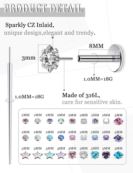 20G 18G 16G Threadless Nose Rings Studs Flat Back Earrings Surgical Stainless Steel Opal Nose Rings Stud Tragus Helix Conch Cartilage Earrings Piercing Jewelry For Women Men Hypoallergenic