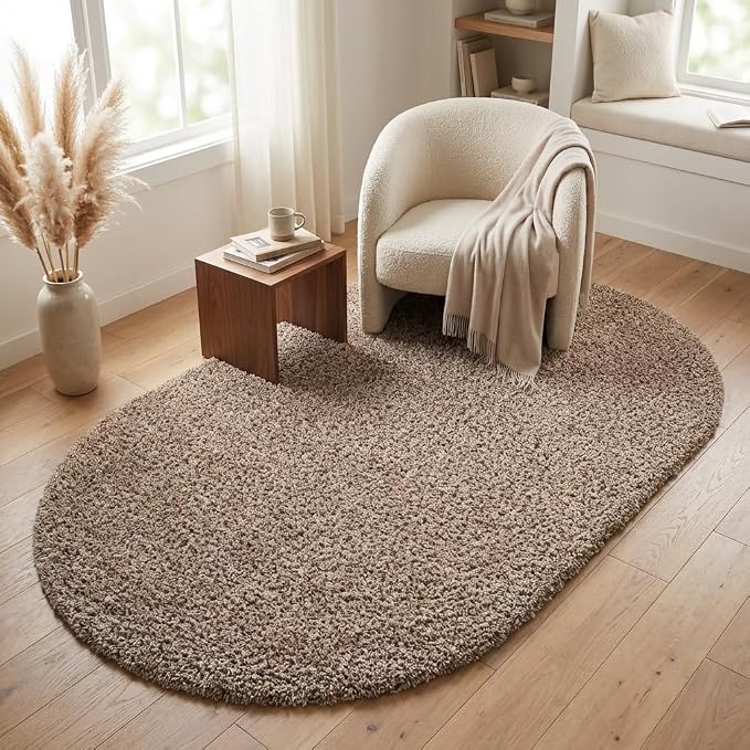 Unique Loom Solid Shag Collection Area Rug (5' 1" x 8' Oval, Taupe)