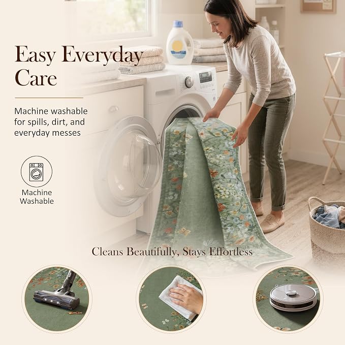 Wonnitar 2x6 Washable Runner Rug, Green Floral Hallway Runner, Boho Botanical Kitchen Rug, Non Slip Bedroom Runner for Side of Bed, Farmhouse Laundry Bathroom Decor (2x6 Green)