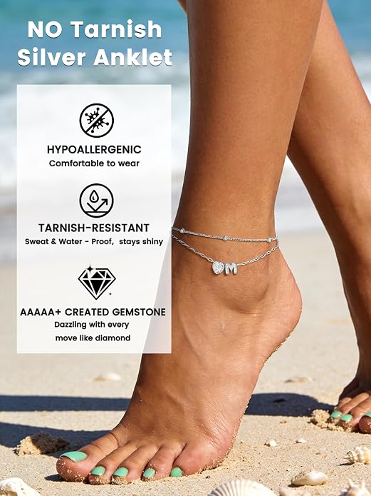 Bestyle Initial Anklet Bracelets for Women Waterproof Non Tarnish 14K Gold/White Gold Plated CZ Anklets for Women Dainty Layered Letter Heart Ankle Bracelets Adjustable Foot Chain Anklet