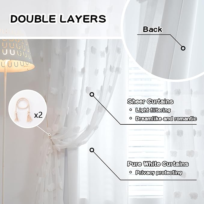 MYSKY HOME White Curtains for Bedroom 63 Inch Long Double Layer Nursery Curtain for Kids Room Kithen White Pom Pom Sheer Back Tab Light Filtering Privacy Protect Window Drapes 2 Panels, 52 x 63 Inch