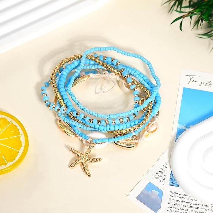 7 Pack Boho Beaded Shell Anklet Bracelets for Women Colorful Stretch Cowrie Seashell Starfish Ankle Bracelet Stack Adjustable Summer Beach Accessories Cute Hawaiian Jewelry