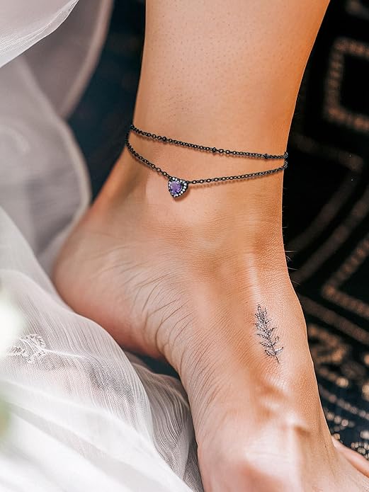 Richsteel Double Layer Heart/Butterfly Birthstone Anklet for Women Non Tarnish Waterproof, Silver/Gold/Black Stainless Steel 8.5-10.5 Inch Adjustable Chain Anklets Jewelry Gifts for Her