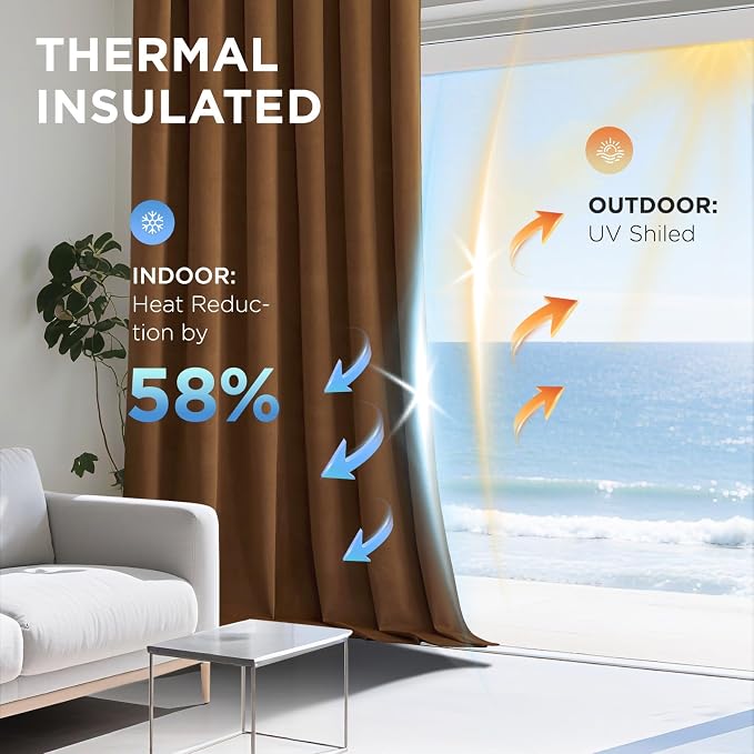 Joydeco 100% Blackout Velvet Curtains Golden Brown 84 Inch Back Tab | Luxury Thermal Insulated Velvet Curtains for Bedroom Living Room, Soundproof Blackout Window Drapes