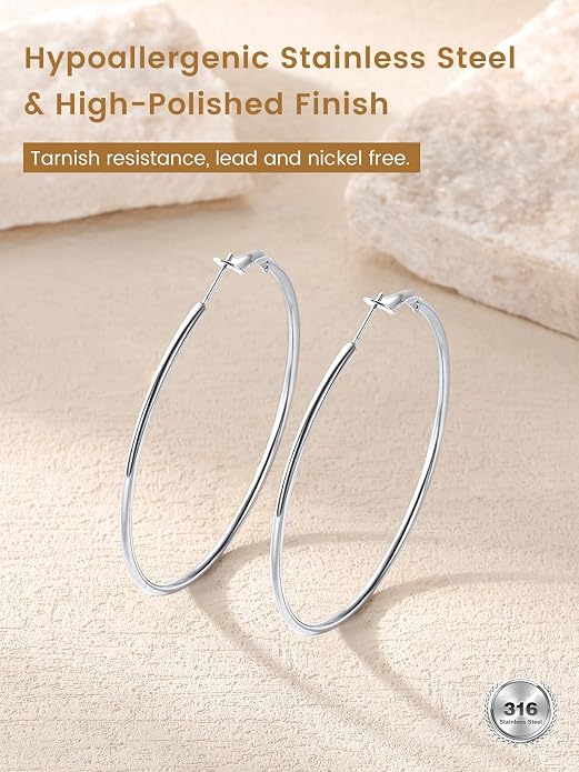 KeyStyle Gold Hoop Earrings for Women, Stainless Steel Hoops Earring Lightweight Loops, 2 mm Thick Hypoallergenic Circle Endless Thin Hoop (20/30/40/50/60/70/80/90/mm)
