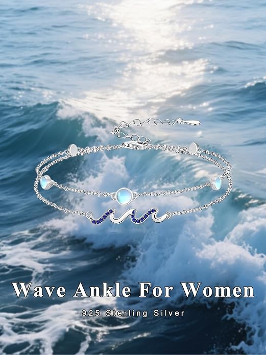 Wave/Dolphin Bracelet/Sea Turtles Anklet 925 Sterling Silver Adjustable Moonstone Bracelet/Anklet Summer Ocean Jewelry Gifts for Women