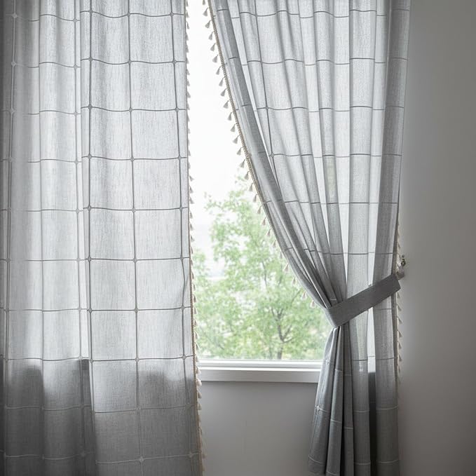 ColorBird Farmhouse Semi-Blackout Window Curtains 2 Panels Embroidery Lattice Cotton Linen Darkening Curtains with Tassel Rod Pocket Window Drapes for Dining Living Bedroom (52" W x 63" L, Grey)