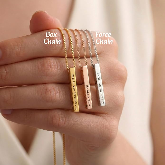 Personalized 925 Sterling Silver Custom 3D Vertical Bar Necklace 4-Sided Engraved Pillar Pendant Jewelry