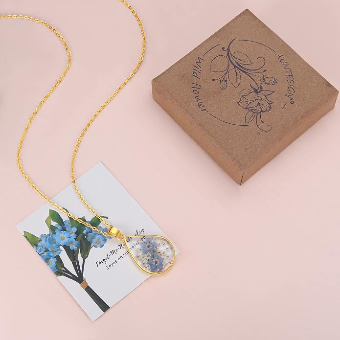 AUNTESIGN Forget-Me-Not and Queen Anne's Lace Pressed Wildflower Necklace | Birth Month Flowers Necklace | Gold/Silver Pressed Flower Jewelry | Mother's Day | Gift For Her