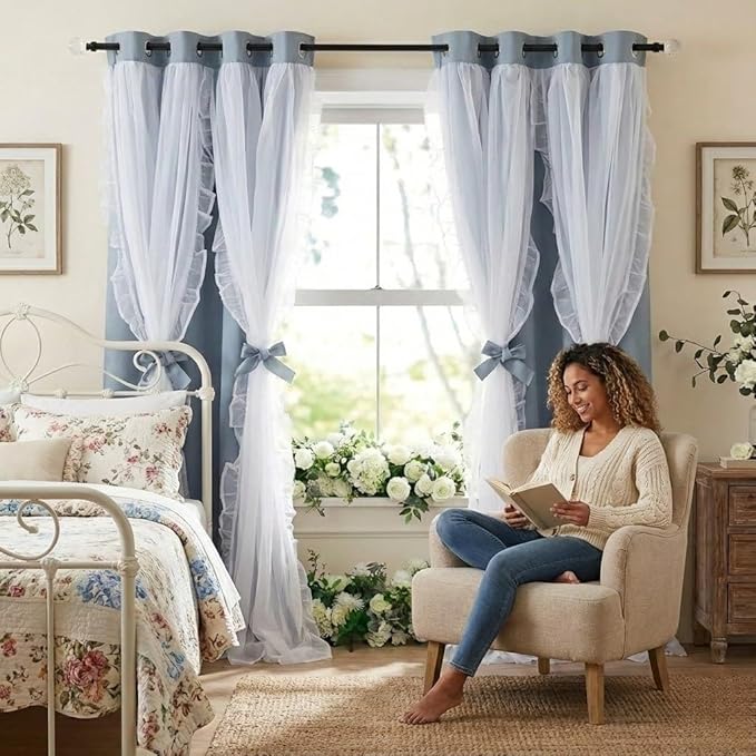 PONY DANCE Double Layer Curtains with Ruffle Sheer Overlay for Whimsical Forest Teen,Shabby Chic Room Darkening Drapes with Tiebacks, 52" Wide x 84" Long, Pigeon Blue, 2 Panels