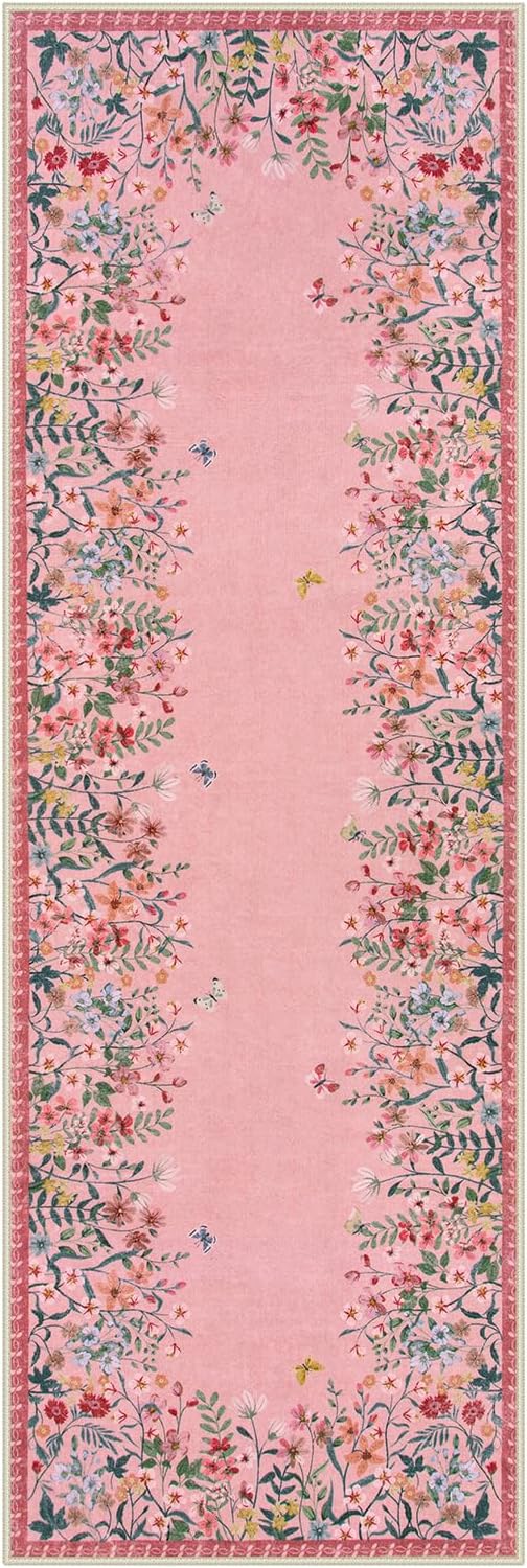 Wonnitar 2x6 Washable Runner Rug, Pink Floral Hallway Runner, Boho Kitchen Runner Rug, Non Slip Soft Bathroom Rug, Low Pile Bedroom Bedside Laundry Decor (2x6 Pink)