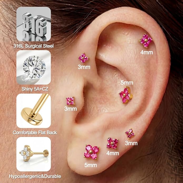 FANSING Short Threadless Cartilage Earring Stackable CZ Birthstone Flat Back Earrings for Women Small Stud Earrings for Tragus Helix Earlobe 18K Gold Plated ‌Rainbow 5.0mm