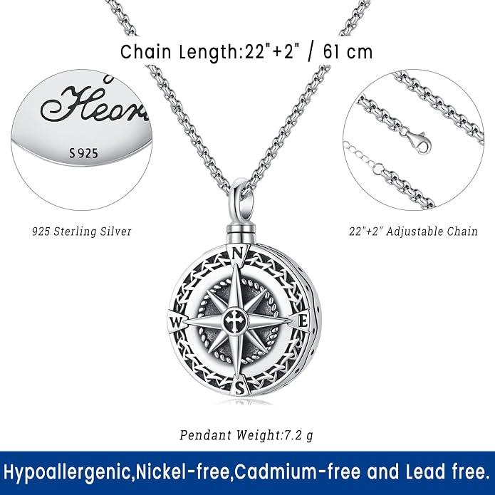 Compass Necklace for Women Men 925 Sterling Silver Pendant Urn Necklaces for Ashes Picture Locket Necklace Anchor Necklace Viking Necklace Crystals CZ Moonstone Abalone Shell Turquoise Compass Jewelry