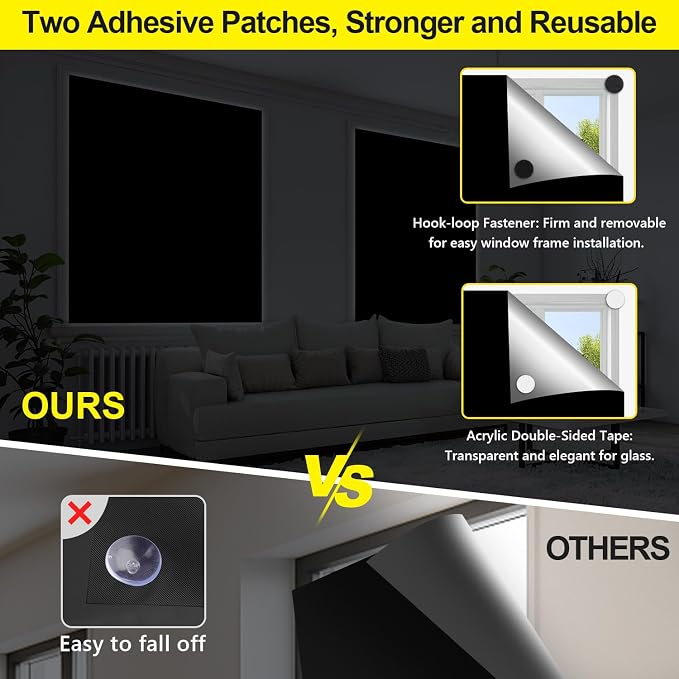 FADOTY 100% Blackout Curtains, 57"x 118" Portable Black Out Window Cover | Blackout Window Film Shades Blinds, Cuttable, No Drill, Sun Heat Light Blocker for Bedroom, Nursery, Media Room, RV, Black