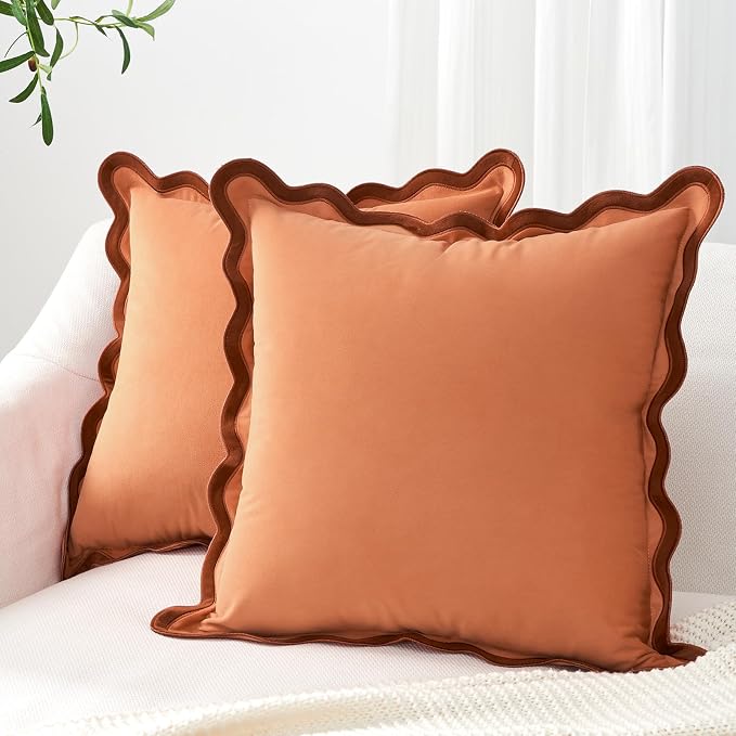 MONDAY MOOSE Decorative Throw Pillow Covers Cushion Cases, Set of 2 Soft Velvet Scalloped Wavy Edge Designs, Mix and Match for Home Decor, Pillow Inserts Not Included (22x22 inch, Rust/Coral)