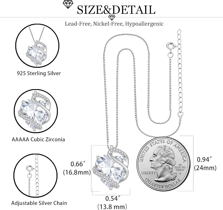 Heart Necklace for Women 925 Sterling Silver Infinity Love Heart Birthstone Necklace Pendant Hypoallergenic Jewelry for Women