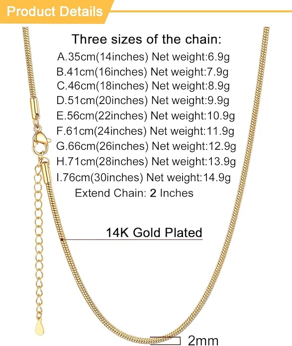 U7 Snake Necklace for Women 14K Gold Plated/Silver/Rose Gold/Black Chain Necklace Hypoallergenic, Stainless Steel Tiny Snake Chain Necklace 1/1.2/1.5/2MM, 14-30" Adjustable Minimalist Gift