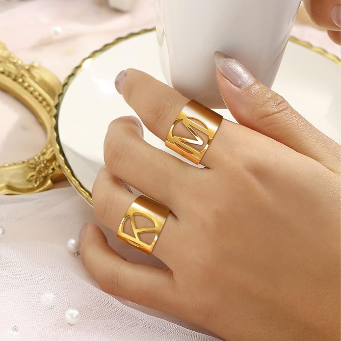 KeyStyle Bold Initial Letter Rings Adjustable, GoldChic Jewelry Women Gold Statement Ring Personalized Engraved Women’s Open Signet Ring for Party (Gold, White Gold, Black)