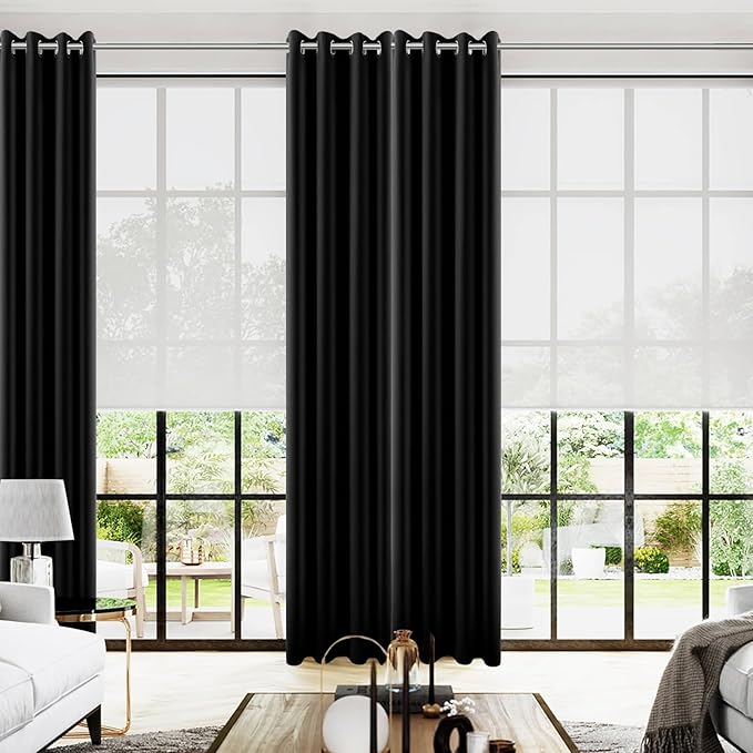 KOUFALL Black Curtains 96 Inches Long for Living Room Bedroom,Window Treatments Heat Blocker Sleep Out Grommet Microfiber Polyester Blackout Room Darkening Curtain Drapes 96 Inches Long 2 Panels Set