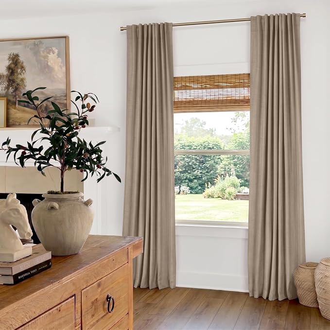 100% Blackout Shield Brown Linen Blackout Curtains for Bedroom 108 Inches Long, Back Tab/Rod Pocket Living Room Drapes, Thermal Insulated Blackout Curtains 2 Panels Set, 50" W x 108" L,Copper Brown