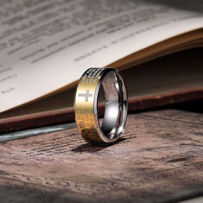 King Will Stainless Steel Men Ring Lord's Prayer Cross Ring Stainless Steel Men Wedding Ring, Wedding Band Bible Engraved Rings High Polished, Comfort Fit