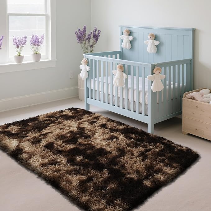 Fluffy Rug Shag Area Rug, Mottling Brown 4x6 Area Rugs for Bedroom, Small Bedside Rug, Soft Fluffy Shag Entryway Throw Rugs for Living Room Bedroom Room Home Decor