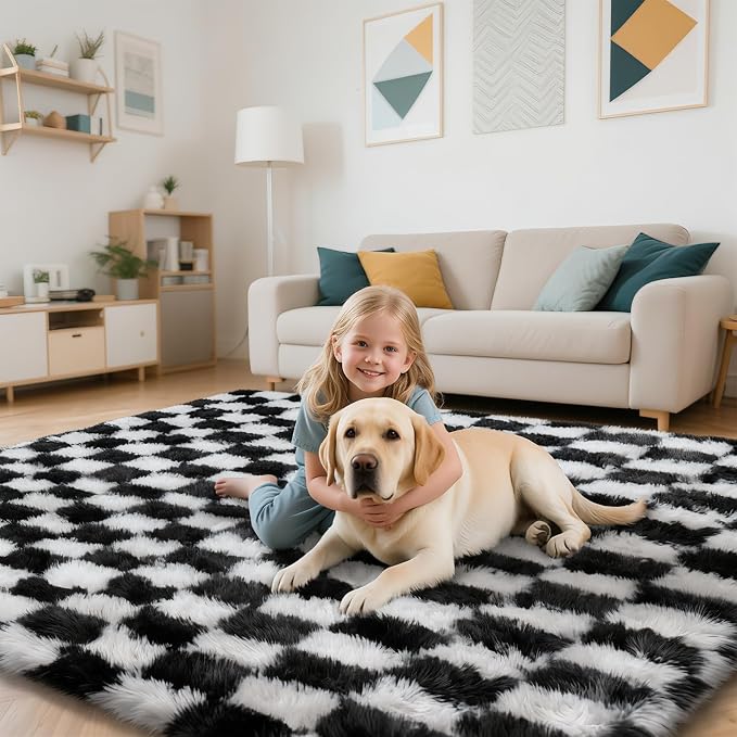 Checkered Rug for Bedroom, 4x6 Black and White Area Rugs, Classic Checkered Carpets Shag Area Rug, Bedside Rugs for Living Room Bedroom Room Home Decor