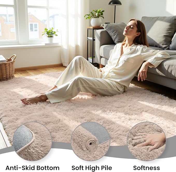 6x9 Area Rug for Living Room, Ultra Soft Fluffy Beige Rugs for Bedroom, Non Slip Large Shag Carpet, Fuzzy Plush Nursery Rug, Thick Washable Indoor Floor Carpets for Kids Office Dorm Home Decor