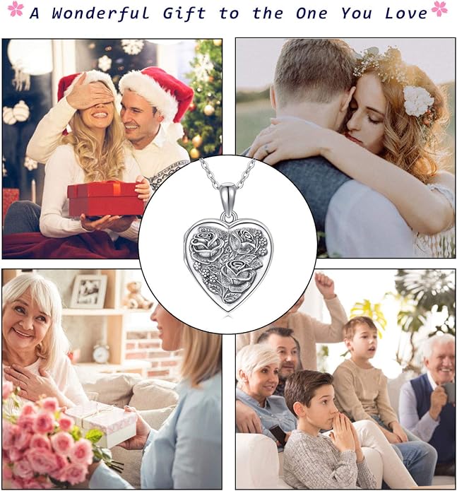 MEDWISE 925 Sterling Silver Locket Necklace That Holds Pictures Photo Necklace Oxidized Rose Flower/Sunflower/Compass/Celtic Heart Pendnat Lockets Gifts for Women Birthday Christmas Gifts