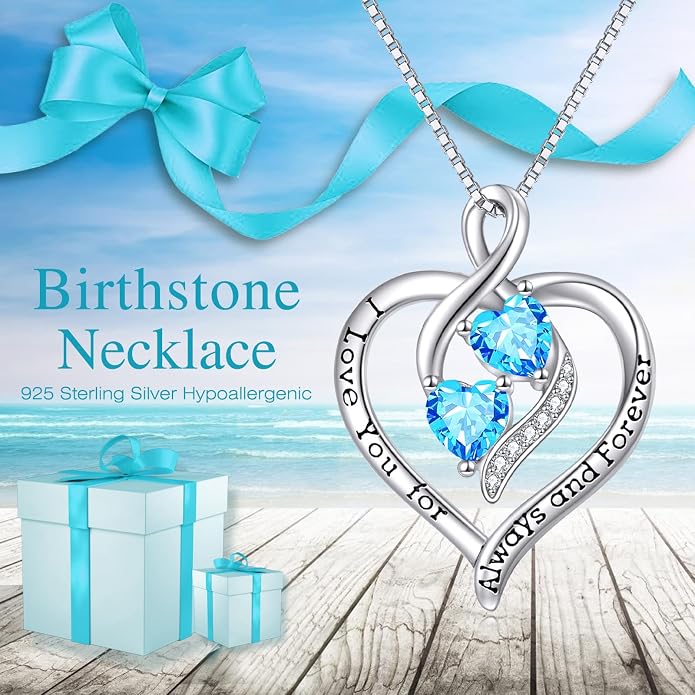 Hancock Forever Love Heart Birthstone Necklaces for Women 925 Sterling Silver Women Pendant Necklace, Mother’s Day Birthday Anniversary Jewelry Gift for Woman Mother Mom Wife Her