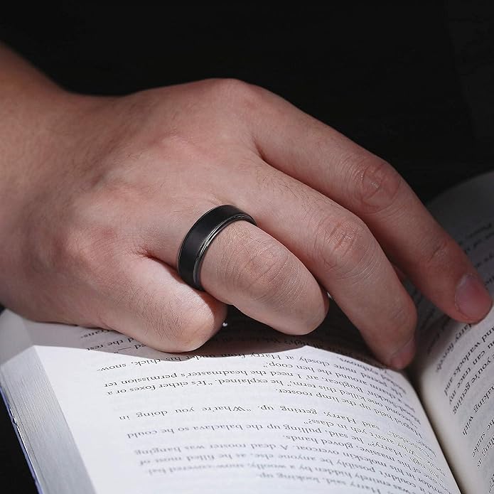 Hioleegi Mens Wedding Bands Tungsten Carbide Rings Basic 8mm Black Matt Classic, Anti-Scracth and Durable for All Occasions to Wear, Beveled Polished Edge Comfortable Fit