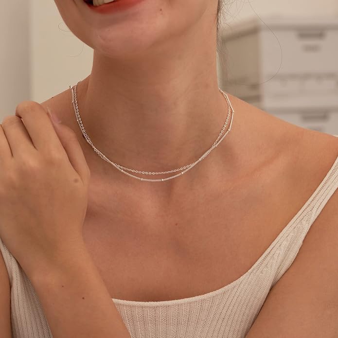 Tewiky Gold Chain Necklace for Women, 14k Gold Plated Thin Beaded Wave Box Necklace Dainty Simple Layered Choker Minimalist Link Chain Necklace Trendy Jewelry for Women