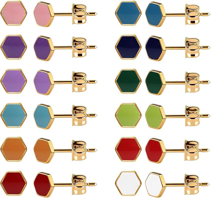 JMLOON 12 Pairs Enamel Flat Back Stud Earrings Surgical Stainless Steel Round Heart Star Square Hexagon Screw Back Stud Earrings