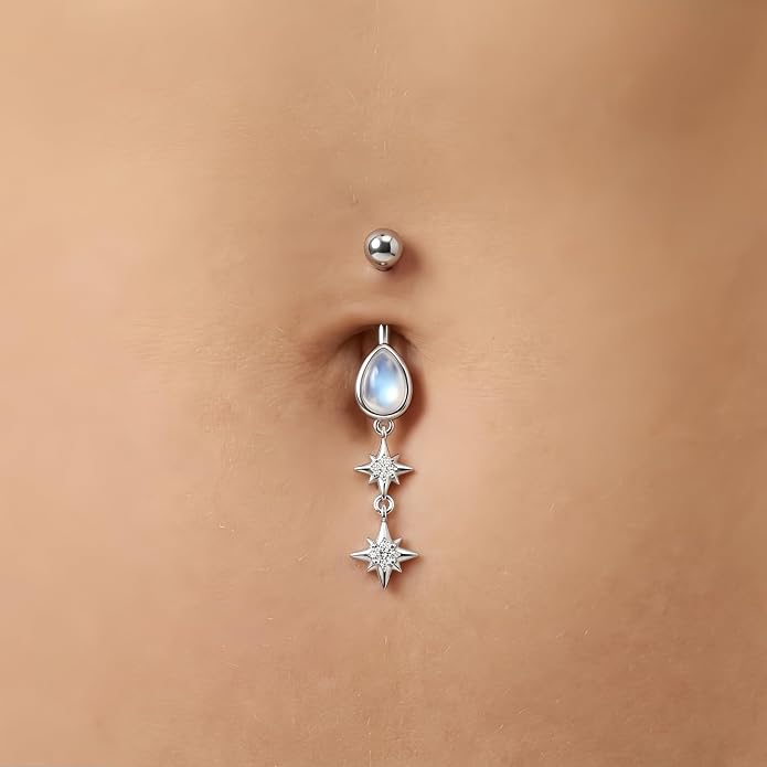 Opal CZ Dangle Belly Button Rings for Women 925 Sterling Silver 16G Heart Teardrop Sun Navel Rings Belly Piercing Jewelry Gift