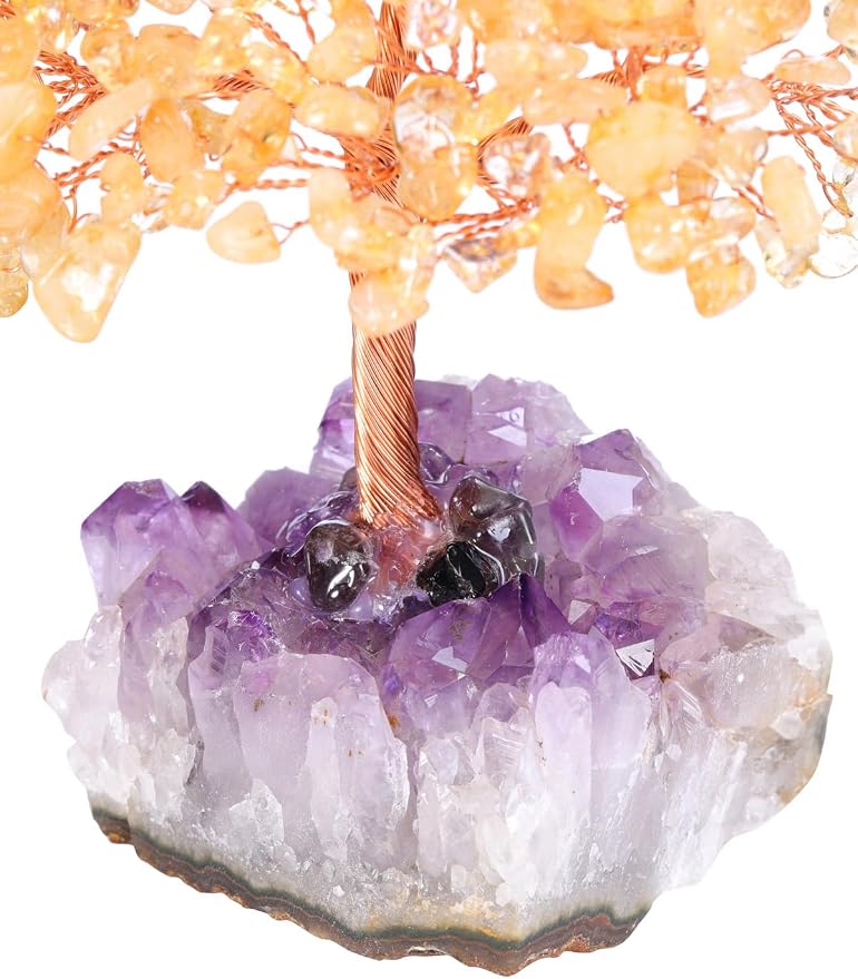 Jovivi Natural Citrine Healing Crystal Money Tree on Amethyst Cluster Geode Druzy Base Feng Shui Crystals for Home Office Desk Decorations, Wealth, Good Luck