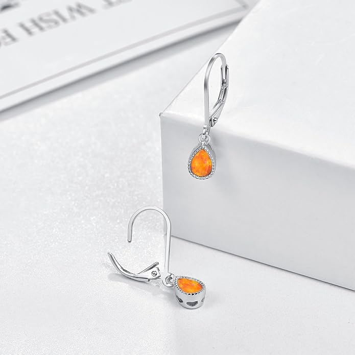 Teardrop Leverback Drop Dangly Earrings, 925 Sterling Silver with Opal/Moonstone Hypoallegenic for Sensitive Ears Jewelry Gift for Women Girlfriend with Gift Box