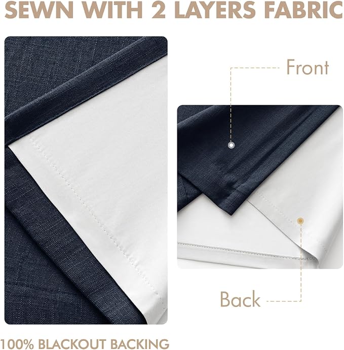 MIULEE Navy Blue Pinch Pleated 100% Blackout Linen Curtains for Bedroom, Room Darkening Memory Trained Light Blocking Window Curtains 96 inches Long for Living Room, Black Out Pleat Drapes, 2 Panels