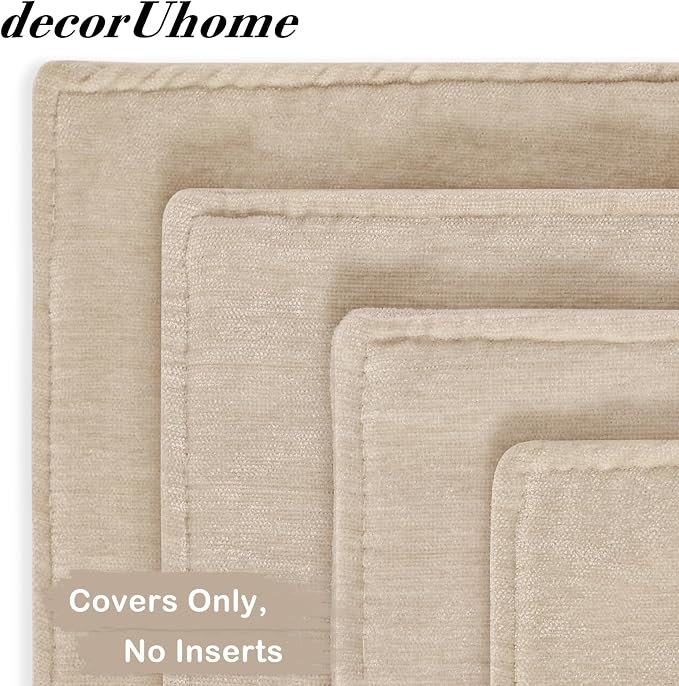 decorUhome Set of 4 Chenille Beige Throw Pillow Covers 18x18 | Couch Decorative Soft Neutral Pillow Covers with Elegant Design for Living Room Bed Sofa
