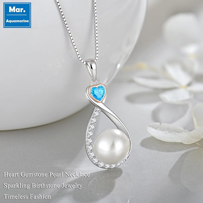 Heart Birthstone Pearl Pendant Necklace, 925 Sterling Silver Infinity Necklace with 10mm Freshwater Cultured Pearl & 4mm Gemstone Jewelry for Women